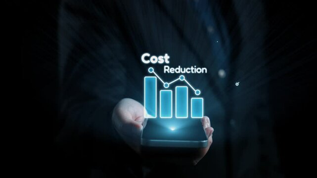 A professional hand holds a smartphone showcasing vibrant icons and graphs for cost reduction, illustrating modern business strategies and financial performance analytics. Qubit