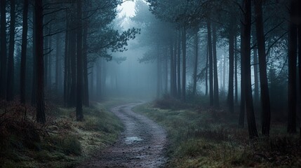 Fototapeta premium Enigmatic pathway winding through a dense foggy forest landscape at twilight