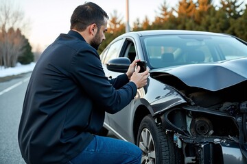 Professional businessman documenting vehicle damage with smartphone after collision on suburban road. Close-up of damaged car front with exposed headlight assembly while insurance claim documentation 
