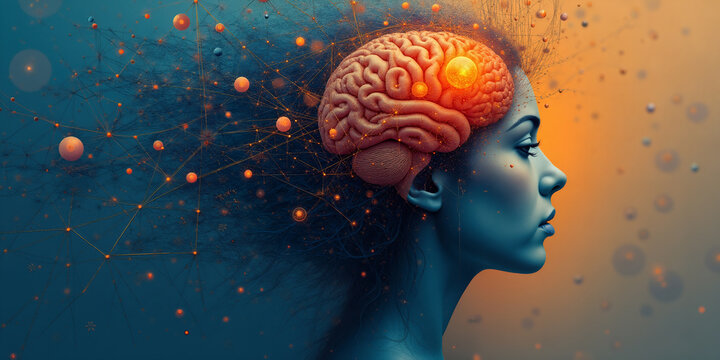 Human brain complex organ. Neural synapse process, memory idea. Smart mental face, person head anatomy. Mind inner insight concept Ability skill control, neuron cortex power, trig science data network