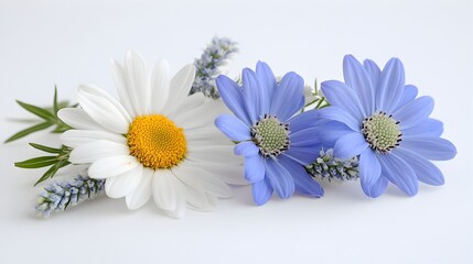 Obraz premium A delicate arrangement of white daisies and vibrant blue flowers with sprigs of lavender sits on a plain white background.
