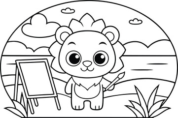 Cute Lion with Brush Near Easel On Transparent Background, Funny Cartoon Character