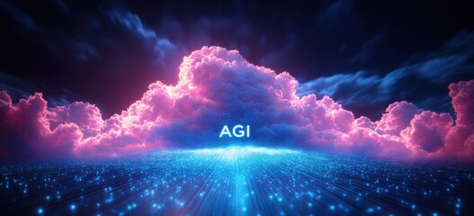 A bright pink and blue sky with a cloud that says AGI