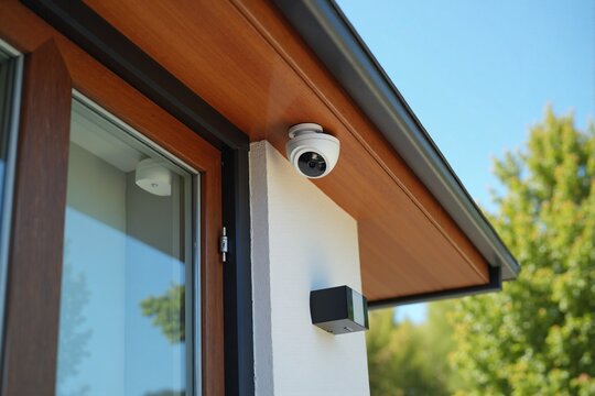 Modern security camera installed on exterior home eave against blue sky backdrop. Residential surveillance system with dome-style camera mounted under wooden soffit providing property protection