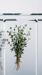 Fresh thyme sprigs, delicate small green leaves on white