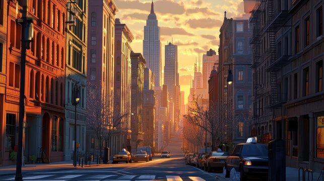 Crea una imagen con una vista panor&Atilde;&iexcl;mica de la ciudad al amanecer, resaltando el contraste entre las sombras de los edificios y la suave luz dorada que simboliza un nuevo comienzo