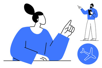Woman pointing upwards, man presenting with clipboard, airplane graphic for travel. Ideal for guidance, travel, education, teamwork, decision-making communication planning. Clean flat simple