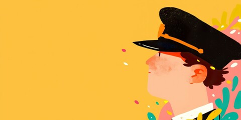 An Illustration of a Smiling Policeman Wearing a Uniform, Facing Upward, Set Against an Yellow Backdrop.