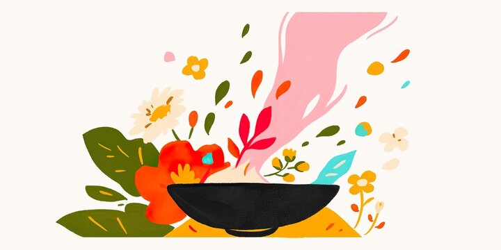 A visually stunning illustration depicts a bowl bursting with fresh, vibrant ingredients, symbolizing a culinary experience.