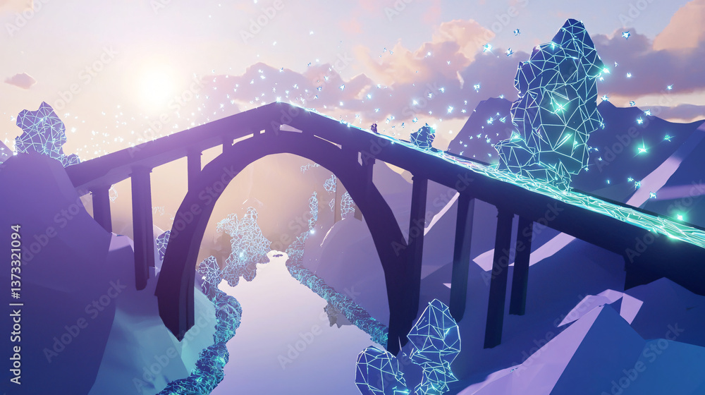 Poster striking bridge with another bridge in the background creating a surreal dreamlike scene with radian