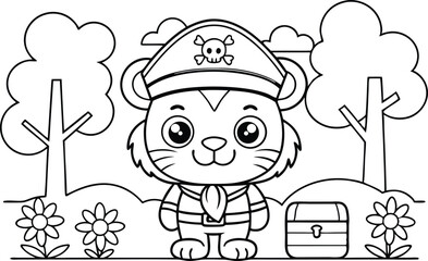 Cute Outlined Tiger Cub Pirate with Hat and Treasure Chest in Nature