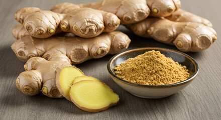 Fototapeta premium Fresh ginger root paired with ground ginger powder on a rustic wooden surface, showcasing the perfect blend of texture and aroma,Herbal Spice and Natural Remedy