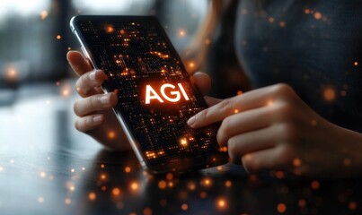 A woman is holding a cell phone and pointing at the word AGI