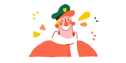 Cheerful character portrait, a smiling individual adorned in a cap, exuding joy and lightheartedness with playful colorful shapes