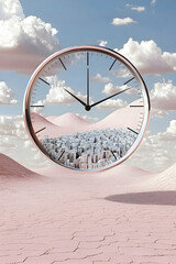 Surreal Clock Landscape: Pink Desert Cityscape Under a Cloudy Sky