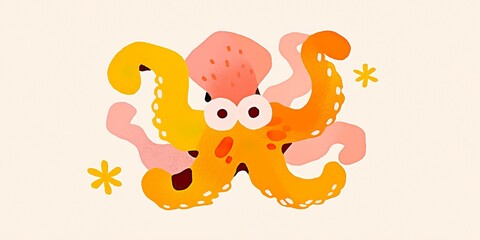 A whimsical illustration of an octopus with a cheerful and vibrant design. Featuring a charming octopus, complete with eight colorful arms and large, expressive eyes, in a playful and inviting scene.