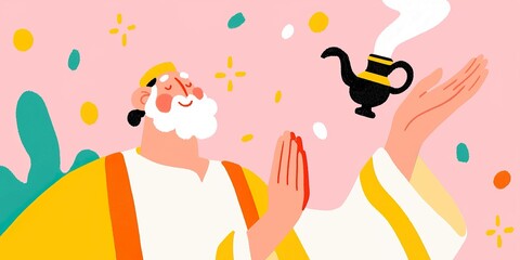 Fototapeta premium A joyful illustration depicting an elderly man gazing at a genie's lamp. A vibrant illustration that combines cultural artistry with a lighthearted tone, perfect for various creative projects.