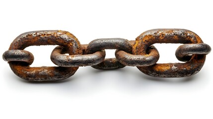 Fototapeta premium A close-up shot reveals a rusty, heavy-duty metal chain segment isolated on a pristine white background showcasing its aged texture and intricate