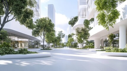 A serene wide empty white street with a lot of vegetation and trees, surrounded by high sleek white organic diverse buildings, modern design, soft lighting, sunny mood, high detail, minimalistic compo