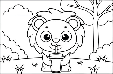 Cartoon Lion Outline Drinking with Straw in a Park Environment Coloring Book