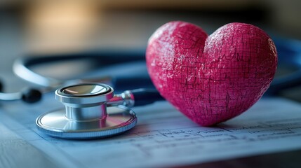 health care and healthy heart concept image pink heart icon with cardiogram stethoscope on medical record