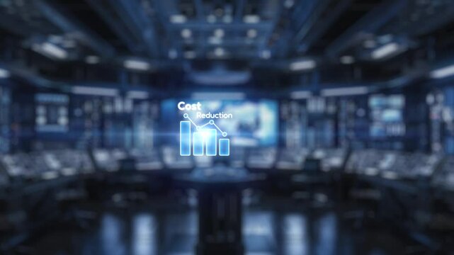 A striking video featuring a human hand and a robotic hand nearing each other, surrounded by digital icons related to cost reduction and financial metrics in a modern workspace. Auvana