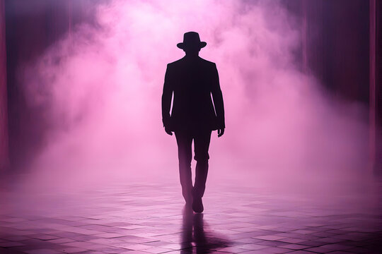 Silhouette of a Man Walking in Pink Fog at Night - Powered by Adobe