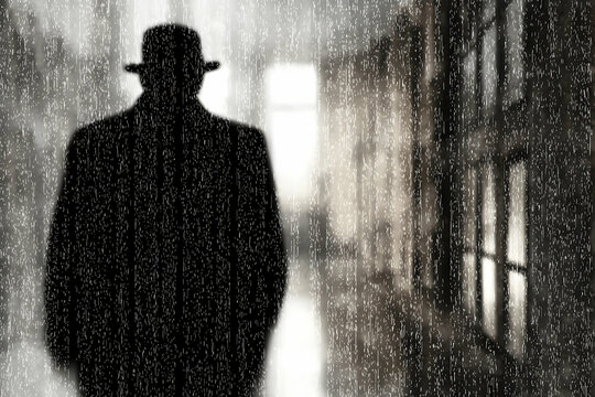 Fototapeta Silhouette of a Man Walking in the Rain at Night