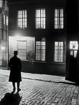 Fototapeta Silhouette of a Man Walking on a Dark Cobblestone Street at Night