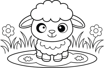 Outlined Cartoon Lamb in Meadow with Flowers on Transparent Background