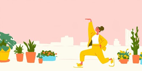 Fototapeta premium A woman in a vibrant yellow exercise outfit practices yoga, embracing the urban landscape as a serene backdrop. Surrounded by potted plants, she embodies wellness and tranquility.