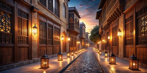 Fototapeta premium Evening ambiance on a cobblestone street lined with ornate buildings and glowing lanterns
