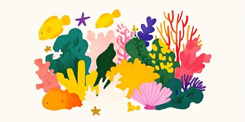 A vibrant underwater coral scene, bursting with life and color, with bright fishes and starfish dancing amid various species.