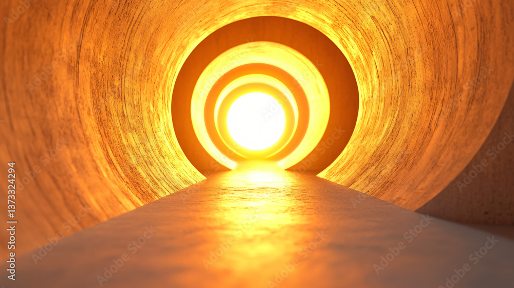 Poster a bright light emerging from a tunnel creating a surreal dreamlike scene with vanishing structures a