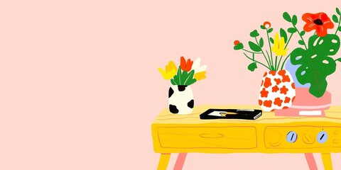 A cheerful illustration features a vibrant bouquet of flowers arranged on a yellow table, set against a soft, pastel pink backdrop, creating a bright and inviting scene.
