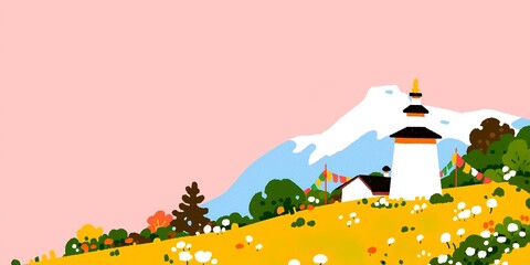 Fototapeta premium A vibrant depiction of a cultural monument stands proud upon a hill. A picturesque illustration evoking a sense of wonder and cultural significance.