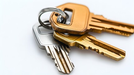 Three house keys on a silver key, close-up shot against a bright white background, ideal for real estate or security concepts.