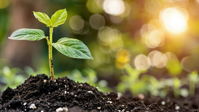 Young plant emerges from rich soil, symbolizing growth and renewal in vibrant garden, where delicate leaves catch light, enhancing beauty of nature and environment.