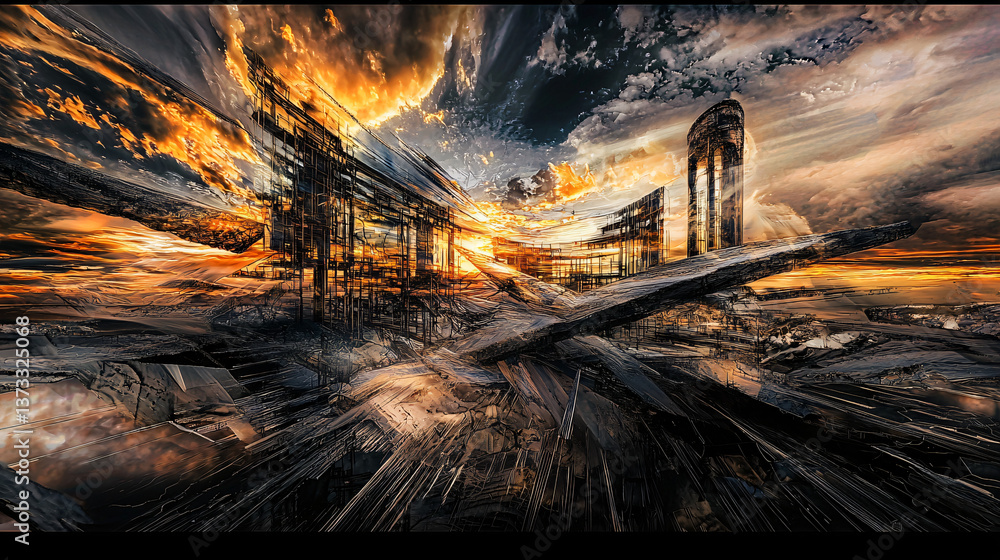 Poster a city under a dramatically cloudy sky creating a surreal dreamlike scene with twilight glow and van