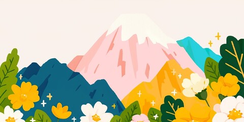 A vibrant illustration of a majestic mountain range, crowned with snow-capped peaks and adorned with a colorful array of flowers, is a celebration of nature's artistry. The scene bursts with life.