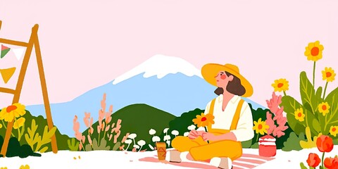 Naklejka premium A person in hat enjoy flowers in picnic, with the view of mountain and flowers around, celebrating the joy of a sunny day.