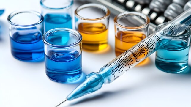 A close-up shot shows a sye and small glass vials filled with colorful liquids for medical research or scientific experiments.