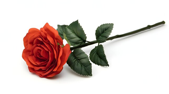 A single long stemmed red rose lies on a white background showcasing its vibrant color and delicate petals.