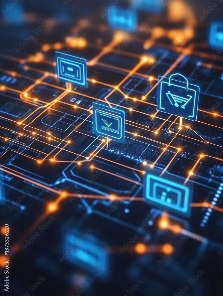 Leinwandbilder Futuristic blockchain network for online shopping with glowing nodes and digital smart contract icons in a high-tech e-commerce environment