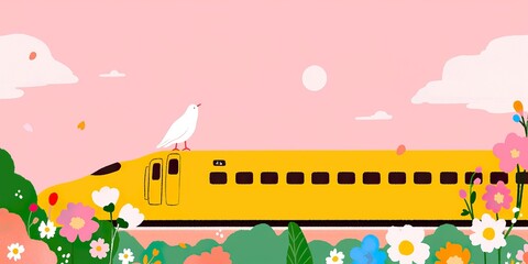 Naklejka premium A whimsical illustration of a bright yellow train traversing a serene landscape, with a dove perched gracefully atop, embodying travel and freedom.