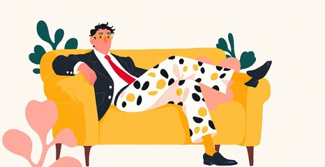 Fototapeta premium A stylish man relaxes on a vibrant yellow couch, exuding confidence and comfort, the illustrated scene captures a sense of ease and modern design, creating a visually appealing moment.