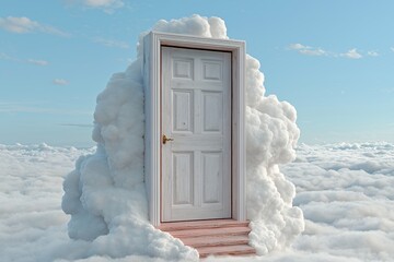 Surreal White Door in Cloudscape Pink Staircase to a Dreamlike Heaven