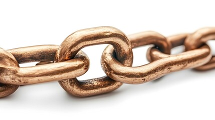 Obraz premium Close-up studio shot of a section of bronze chain links interlocked against a bright white background showing texture and detail.