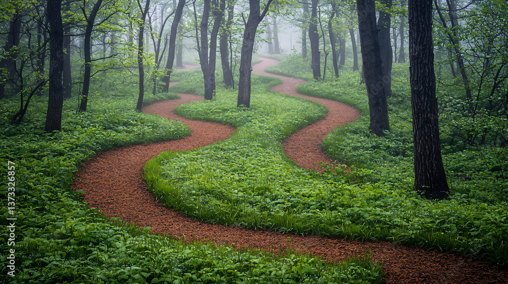 Poster enigmatic pathway winding through the woods surrounded by soft ambient light creating a surreal drea