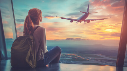 夕焼けの空を背景に飛行機が離陸・着陸する空港の風景空を飛ぶ旅客機